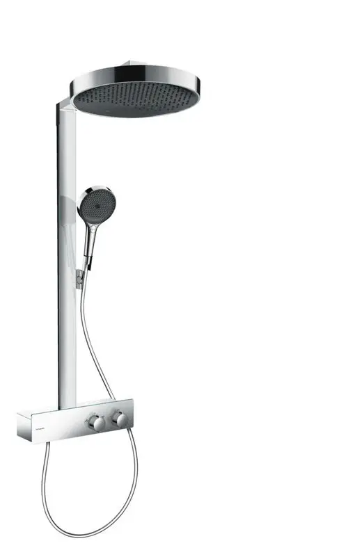Hansgrohe Duschsystem mit Deckenregendusche und Handbrause, versehen mit einem Steuerpaneel zur Regelung von Wasserfluss und Temperatur. Design schlicht und funktional.